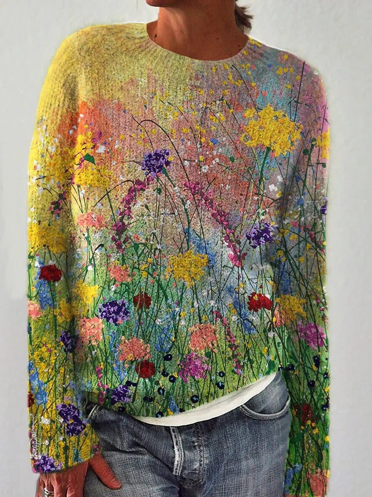 Hadrige - Gezellige trui met olieverfschilderij van bloemen