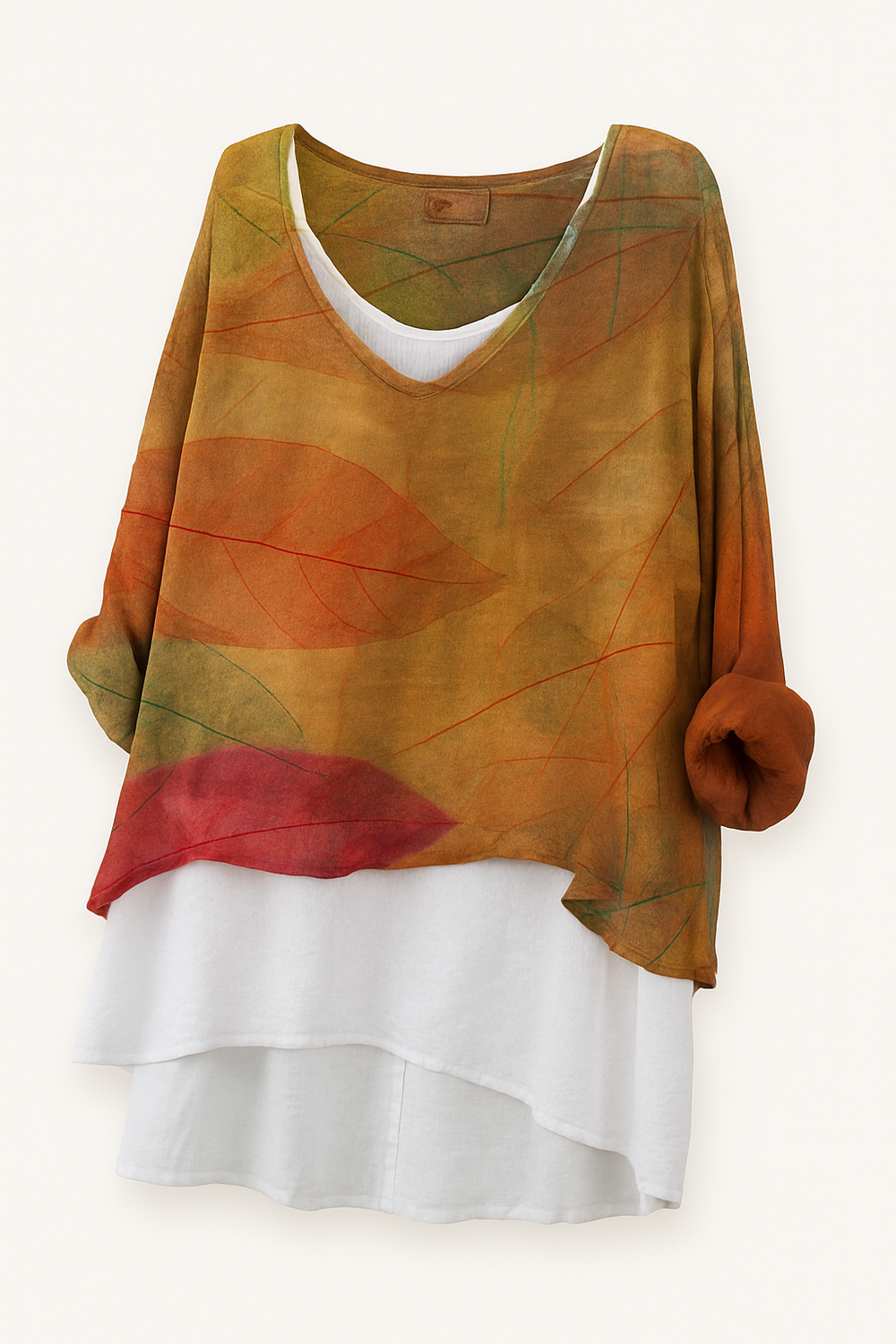 Tierne - Casual T-shirt van katoen en linnen met bladprint en V-halslijn_product_front.png