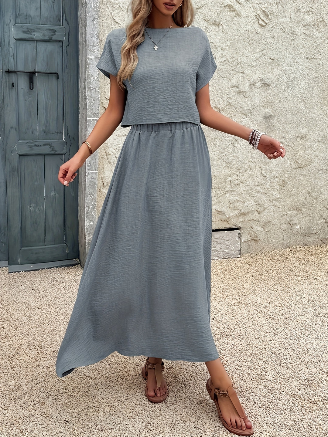 2 Stukken Kleding Set – Korte Mouw Top & A-Vormige Rok
