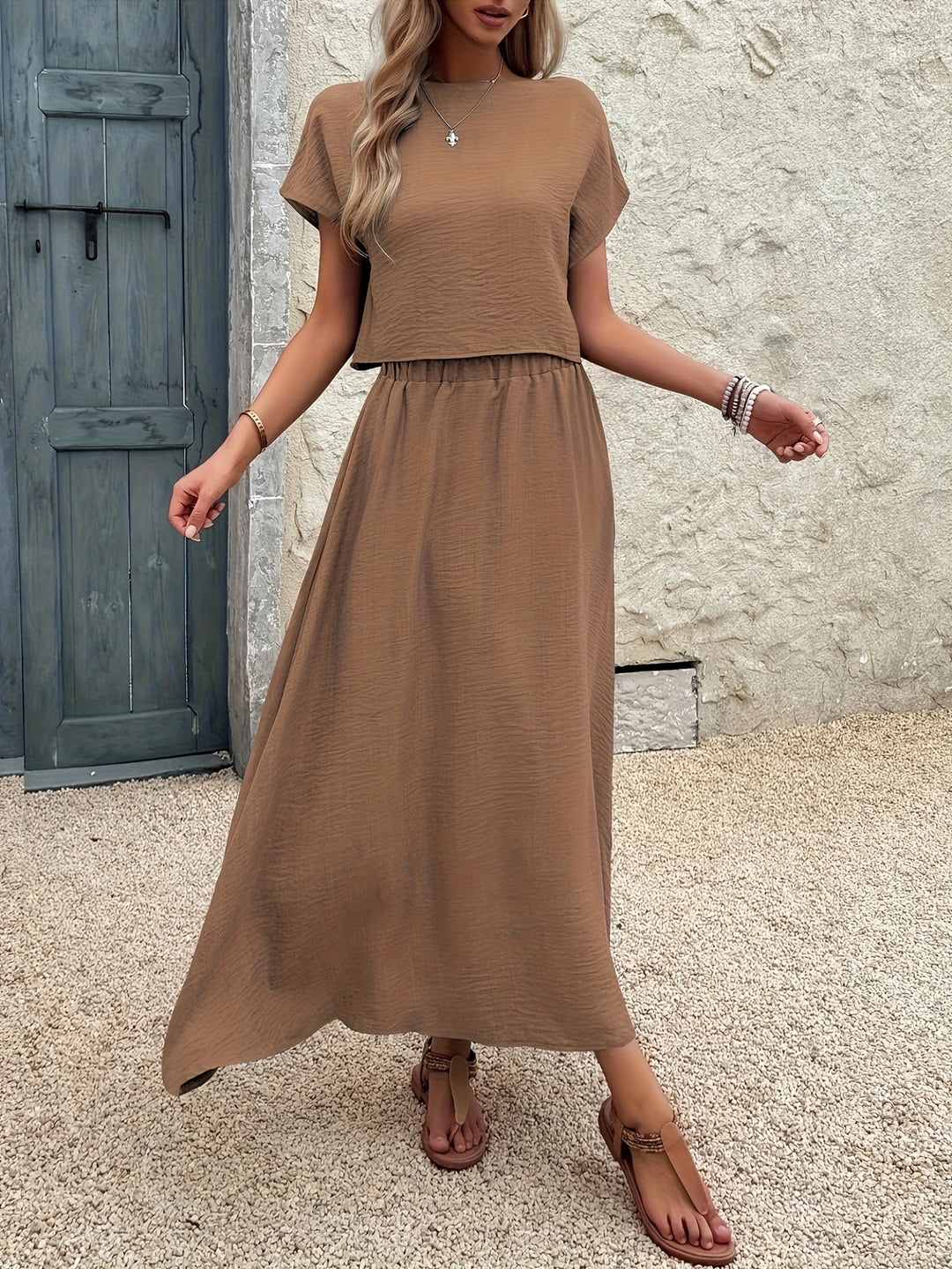 2 Stukken Kleding Set – Korte Mouw Top & A-Vormige Rok