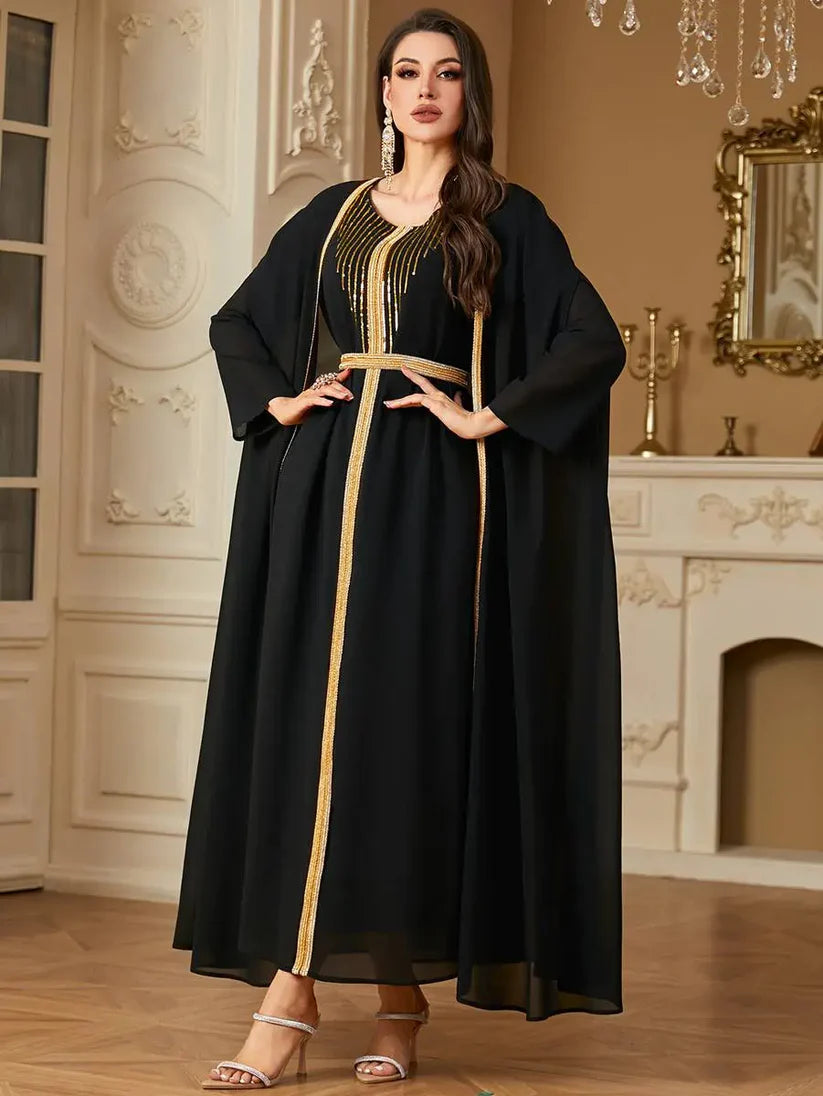 Twee-Delige Set – Geborduurd Vest & Lange Rok met Cardigan