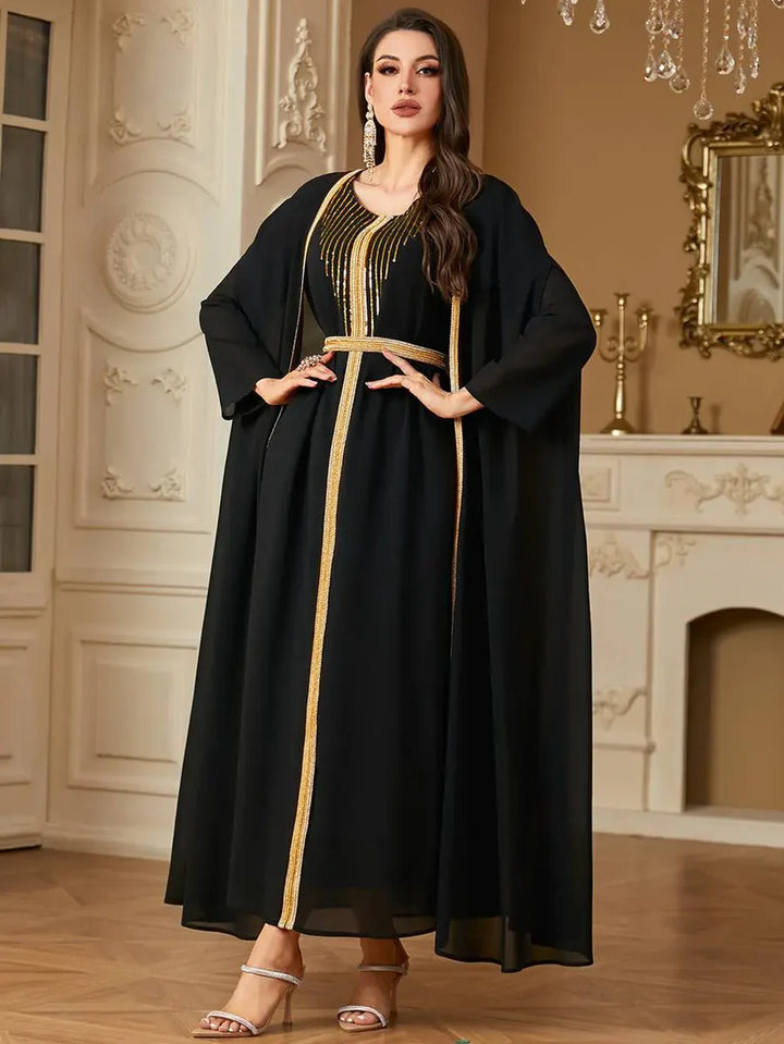 Twee-Delige Set – Geborduurd Vest & Lange Rok met Cardigan