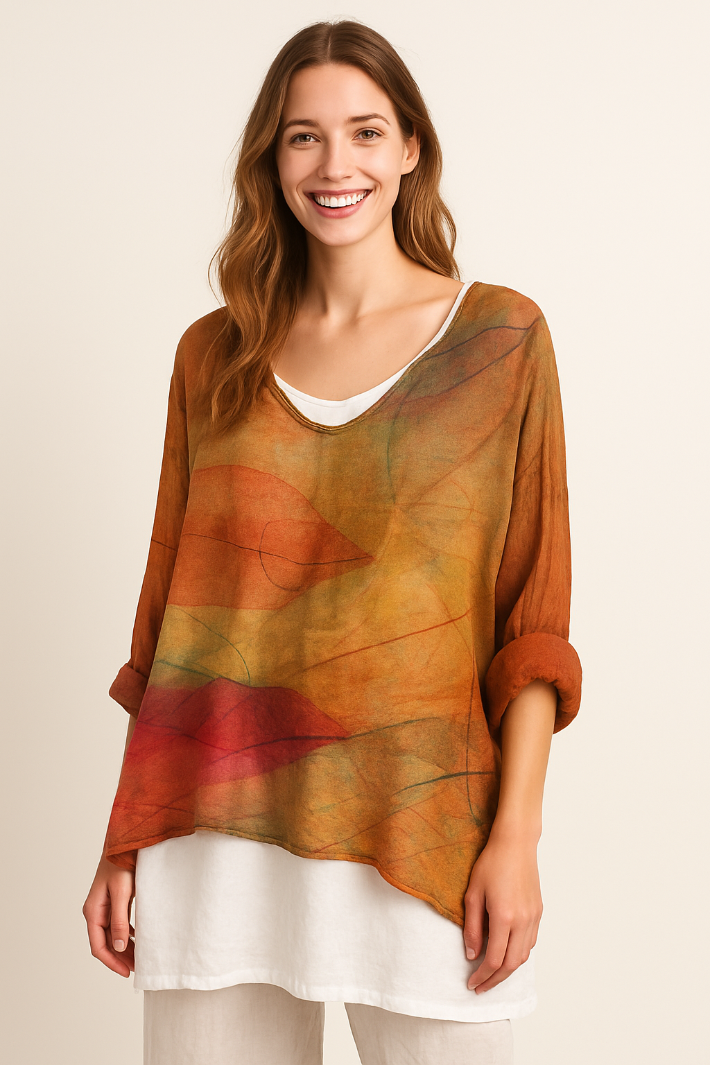 Tierne - Casual T-shirt van katoen en linnen met bladprint en V-halslijn_model.png