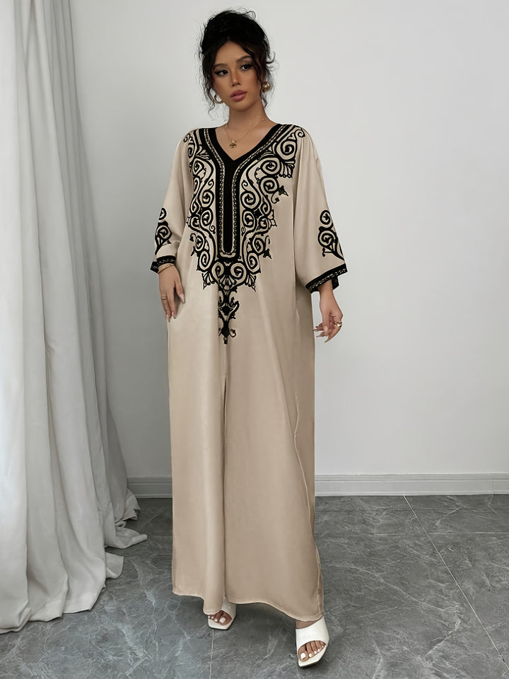 Abaya Gewaad – V-Hals & Lange Mouwen met Etnische Print