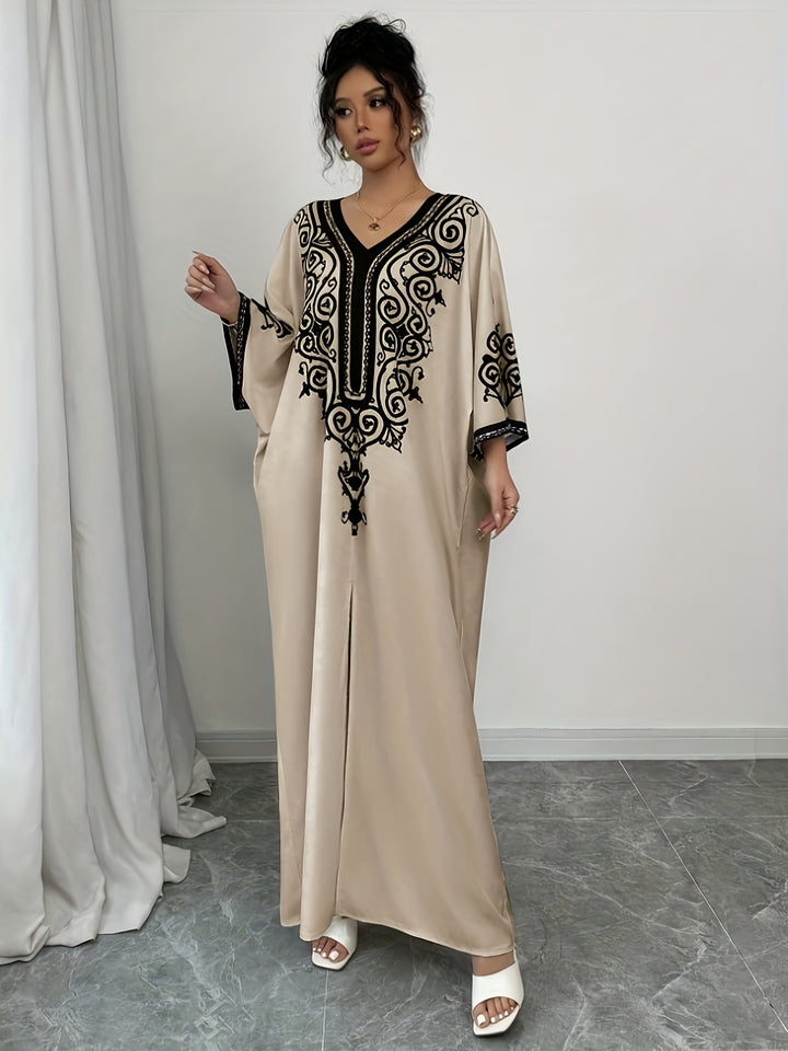 Abaya Gewaad – V-Hals & Lange Mouwen met Etnische Print