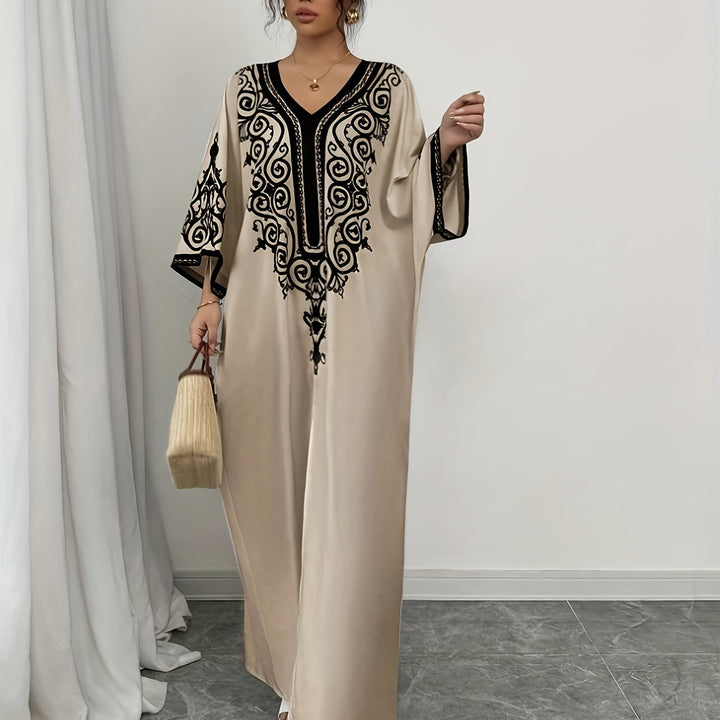 Abaya Gewaad – V-Hals & Lange Mouwen met Etnische Print