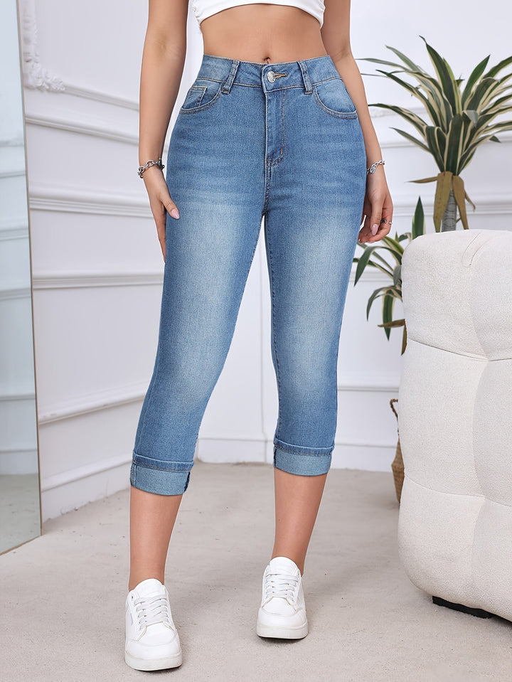 Afgeknipte Denim Jeans - Omgeslagen Zoom & Flexibele Pasvorm met Zakken