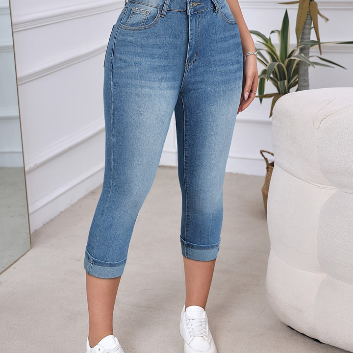 Afgeknipte Denim Jeans - Omgeslagen Zoom & Flexibele Pasvorm met Zakken