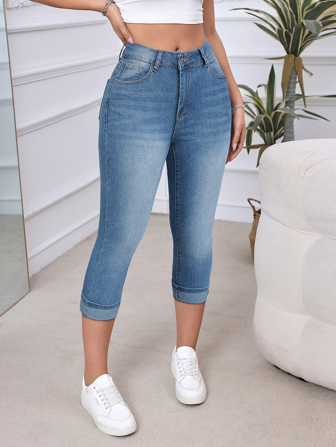 Afgeknipte Denim Jeans - Omgeslagen Zoom & Flexibele Pasvorm met Zakken