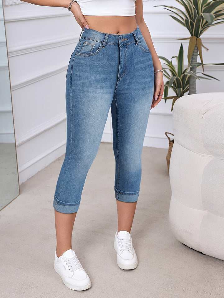 Afgeknipte Denim Jeans - Omgeslagen Zoom & Flexibele Pasvorm met Zakken
