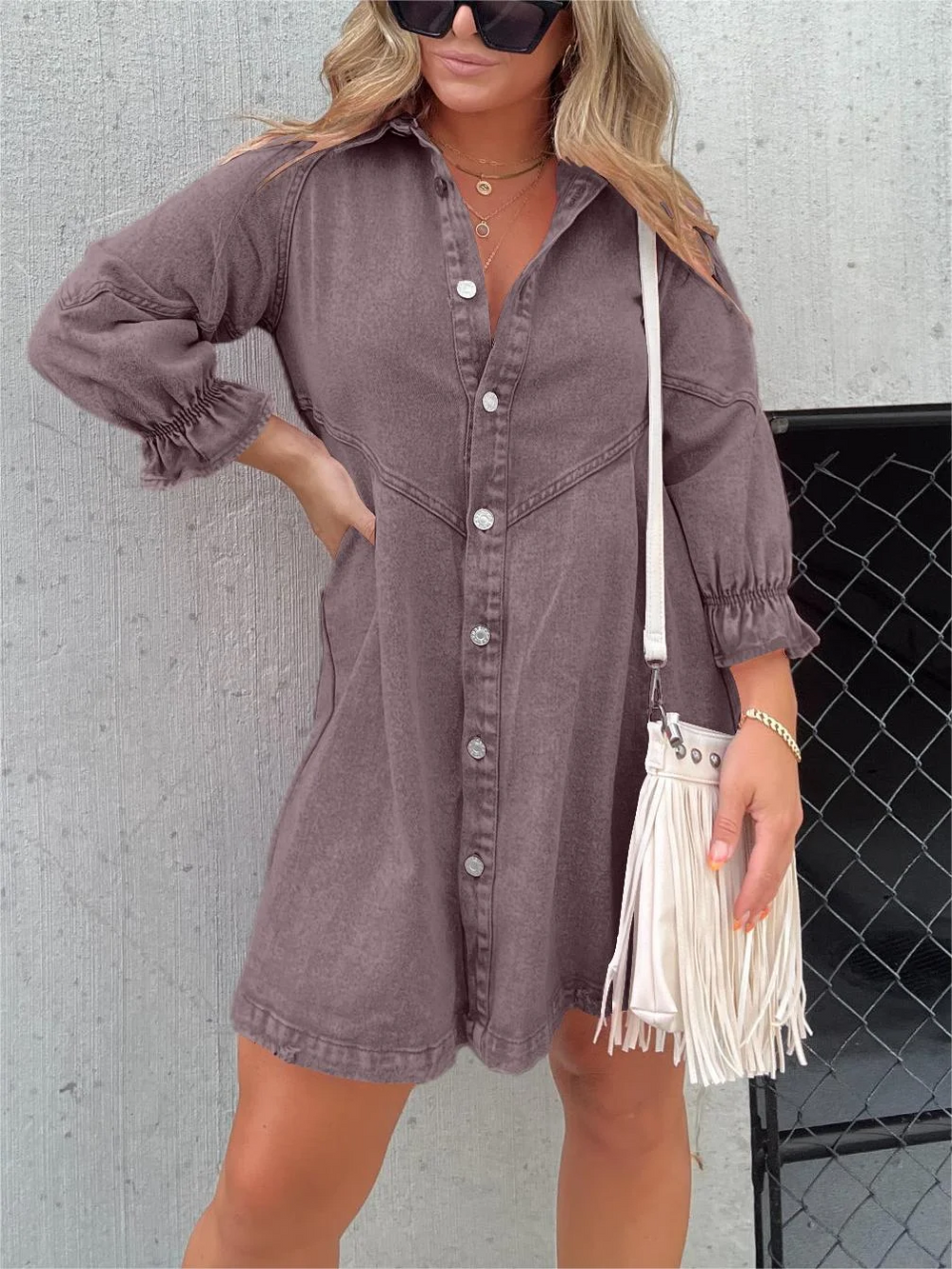Aileen - Gewassen denim jurk met pofmouwen