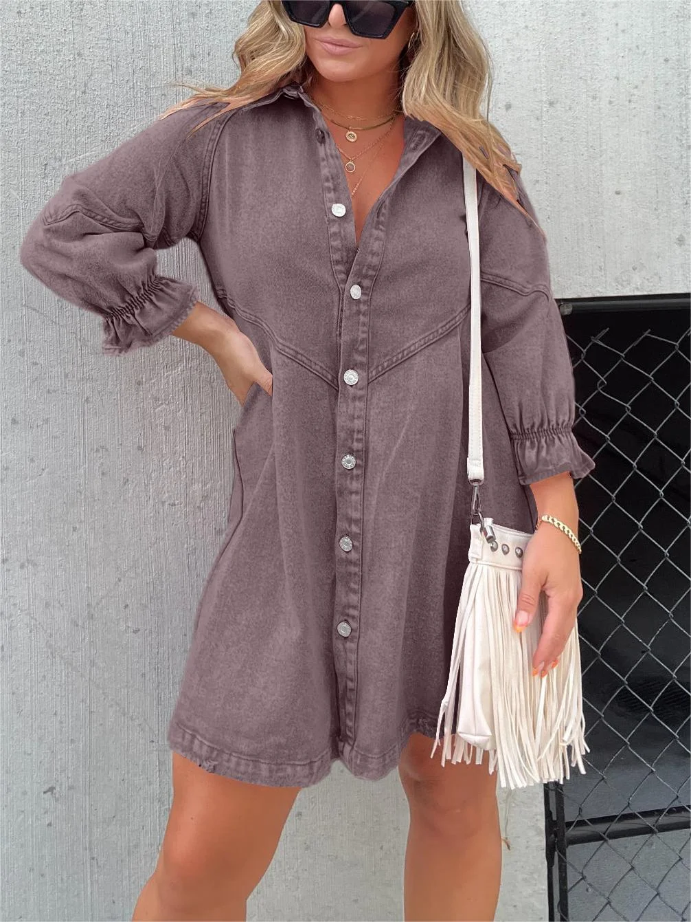 Aileen - Gewassen denim jurk met pofmouwen