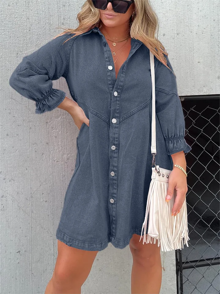 Aileen - Gewassen denim jurk met pofmouwen