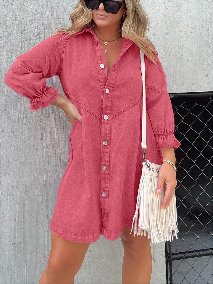Aileen - Gewassen denim jurk met pofmouwen
