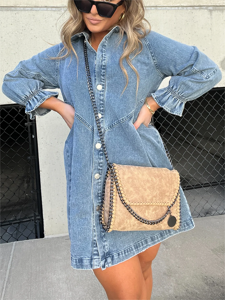 Aileen - Gewassen denim jurk met pofmouwen
