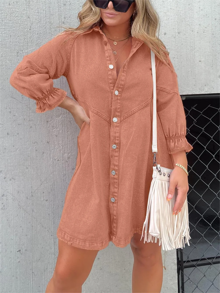 Aileen - Gewassen denim jurk met pofmouwen
