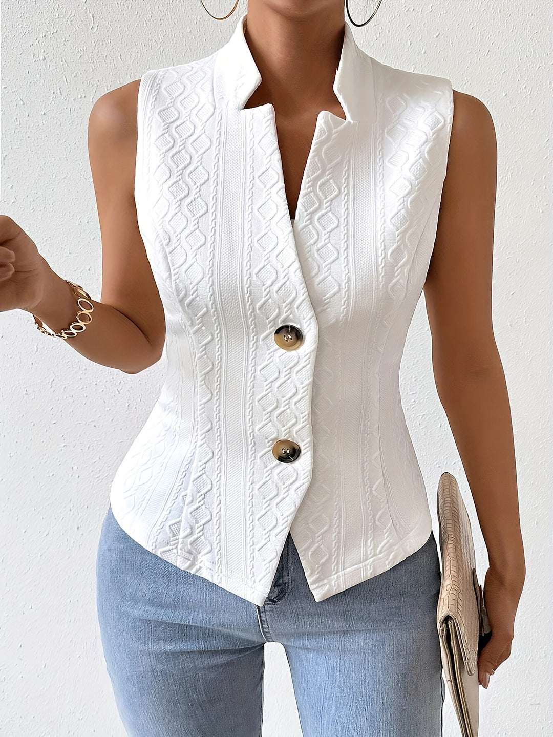 Blazer Vest - decoratieve knopen & geribbelde kraag
