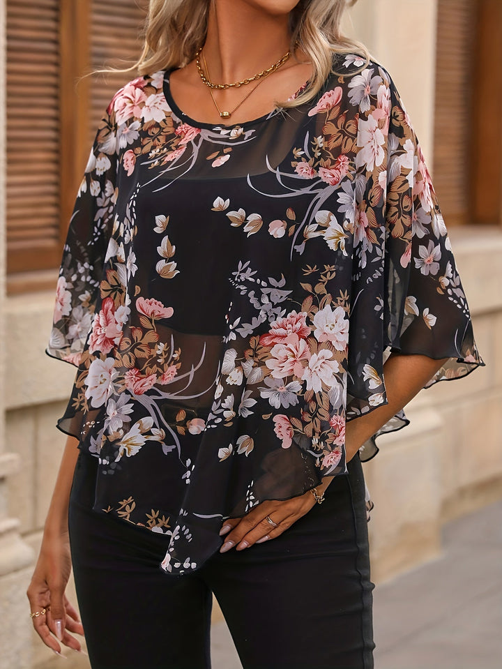 Bloem Motief Blouse - Knop Sluiting & Staande Kraag Design