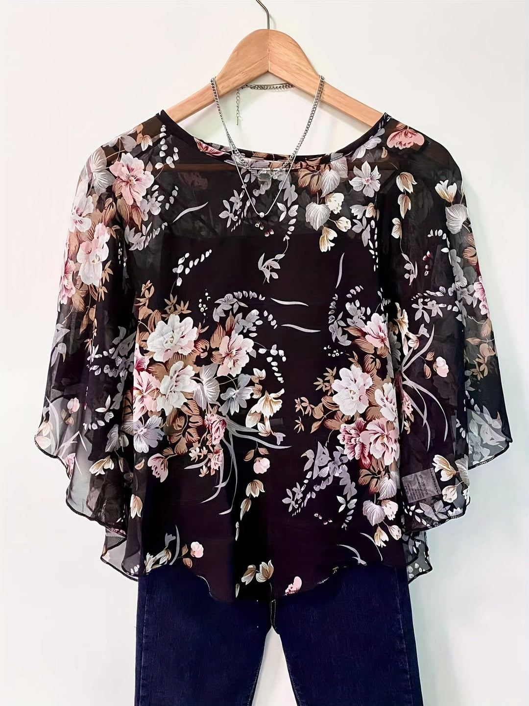 Bloemen Asymmetrische Blouse - Transparante Mouwen & Pullover Ontwerp