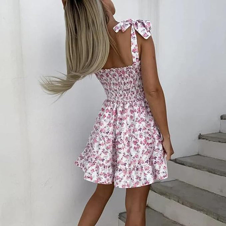 Bloemen Mini Jurk - Speelse Schouderbanden & Hartvormige Halslijn