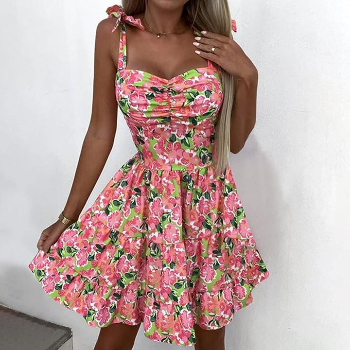 Bloemen Mini Jurk - Speelse Schouderbanden & Hartvormige Halslijn
