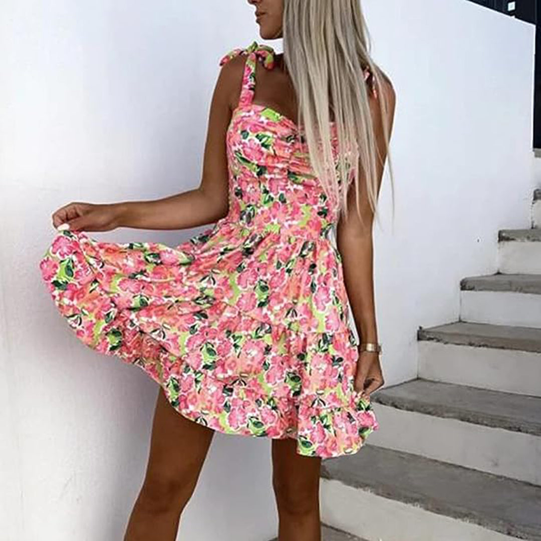 Bloemen Mini Jurk - Speelse Schouderbanden & Hartvormige Halslijn