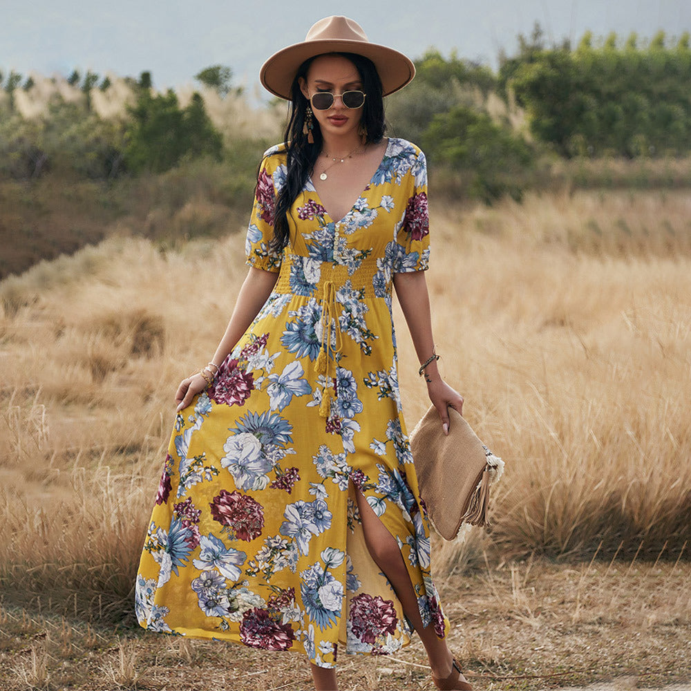 Bloemen Zomer Strand Jurk - V Hals Ontwerp & Elastische Taille