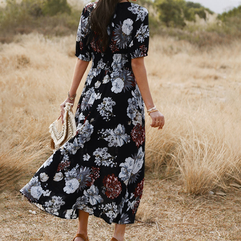 Bloemen Zomer Strand Jurk - V Hals Ontwerp & Elastische Taille