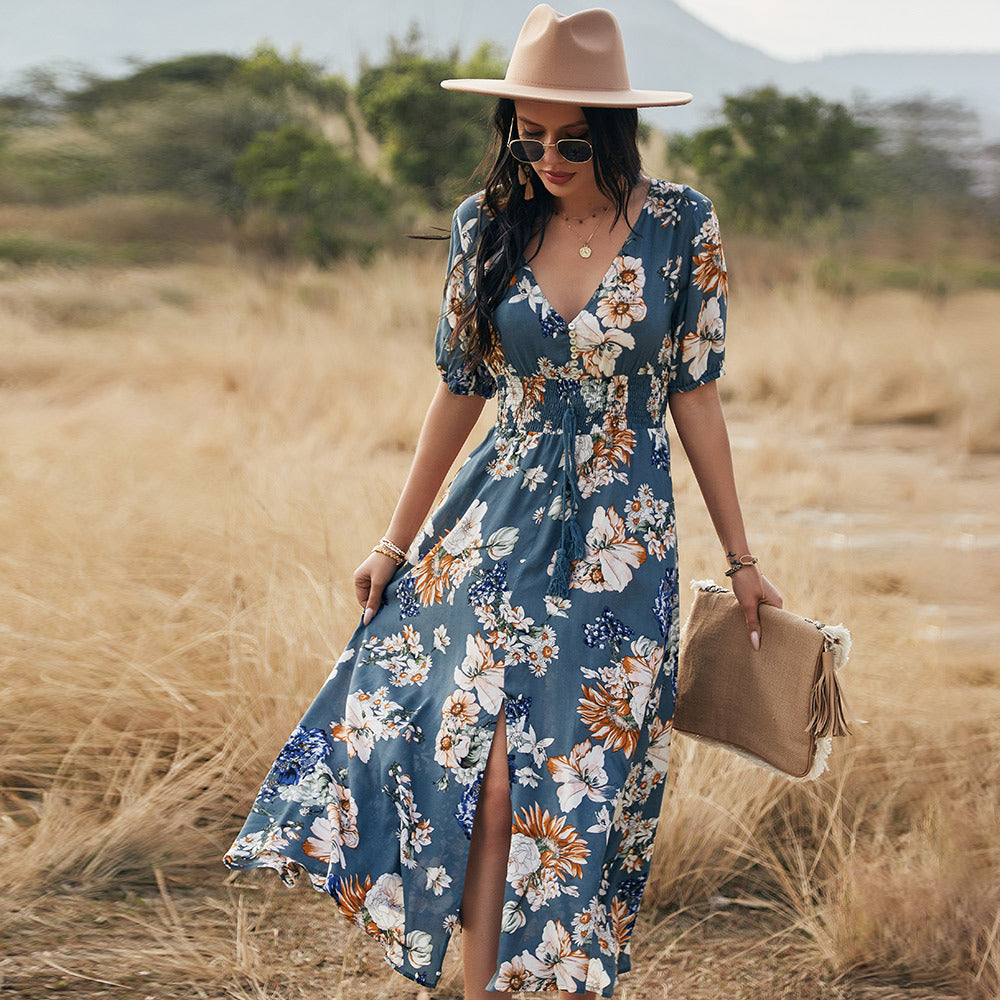 Bloemen Zomer Strand Jurk - V Hals Ontwerp & Elastische Taille