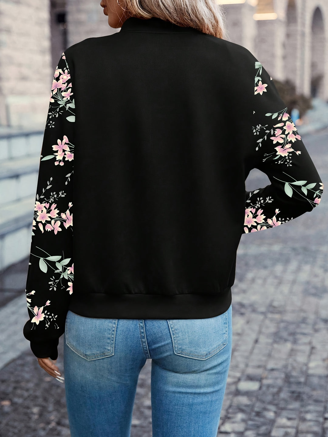 Bloemenprint Zip Up Jas - Lange Mouw Ontwerp & Ritssluiting