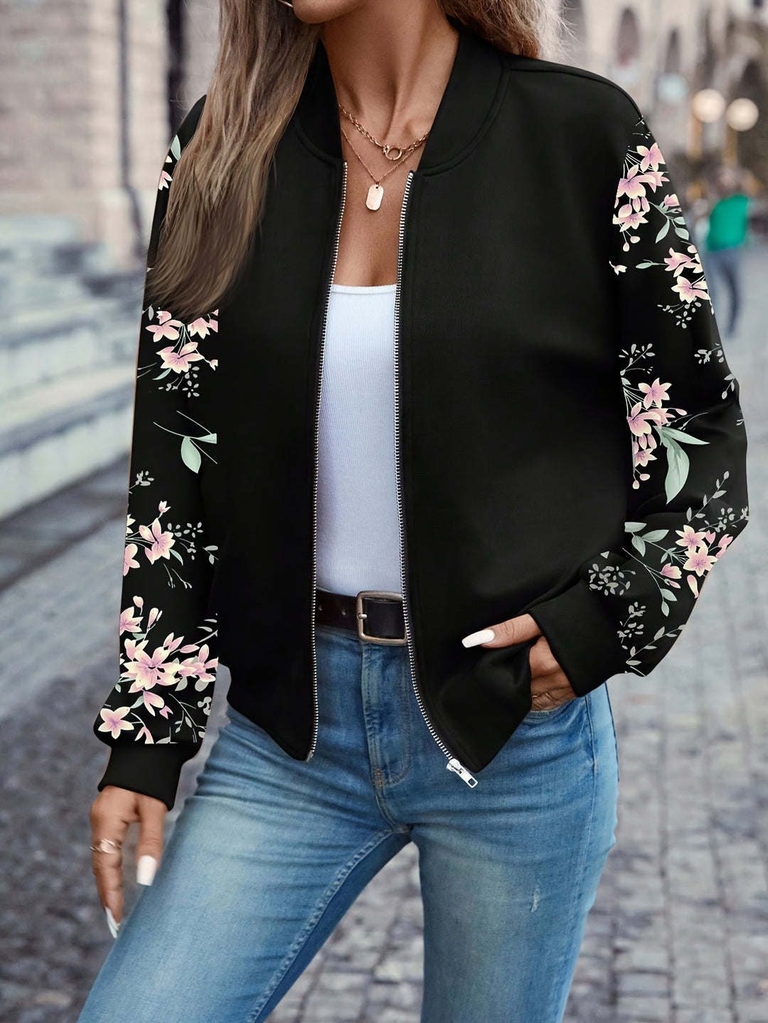 Bloemenprint Zip Up Jas - Lange Mouw Ontwerp & Ritssluiting