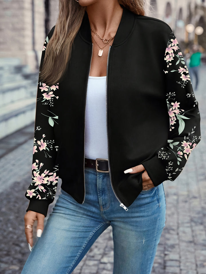 Bloemenprint Zip Up Jas - Lange Mouw Ontwerp & Ritssluiting