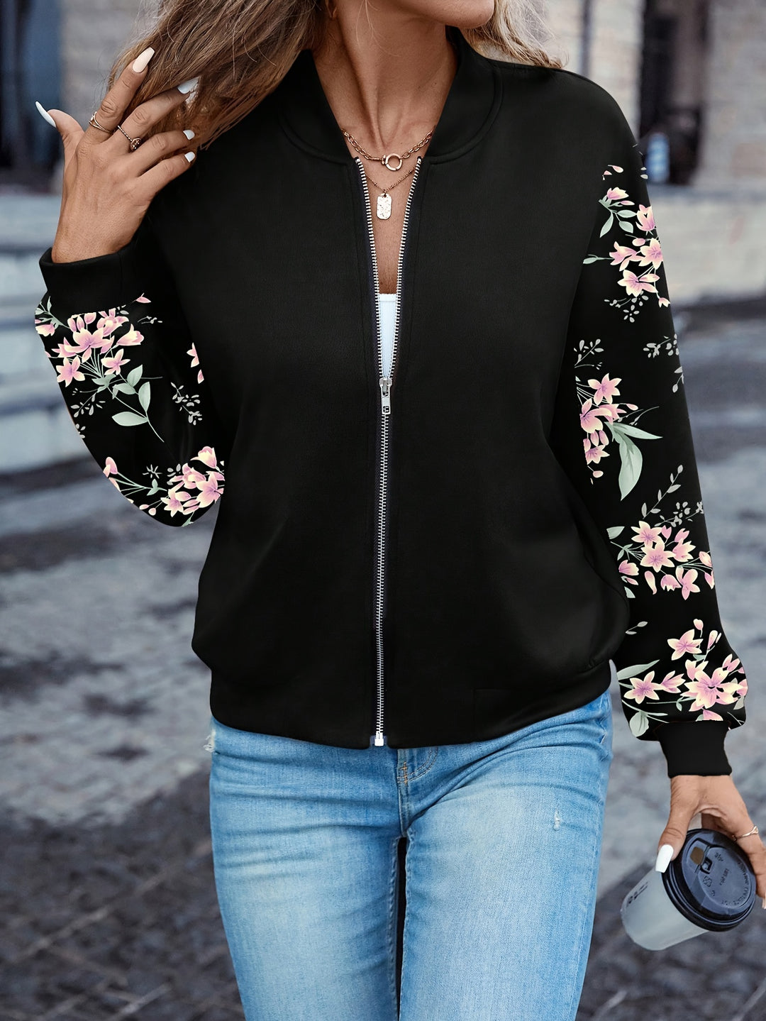Bloemenprint Zip Up Jas - Lange Mouw Ontwerp & Ritssluiting