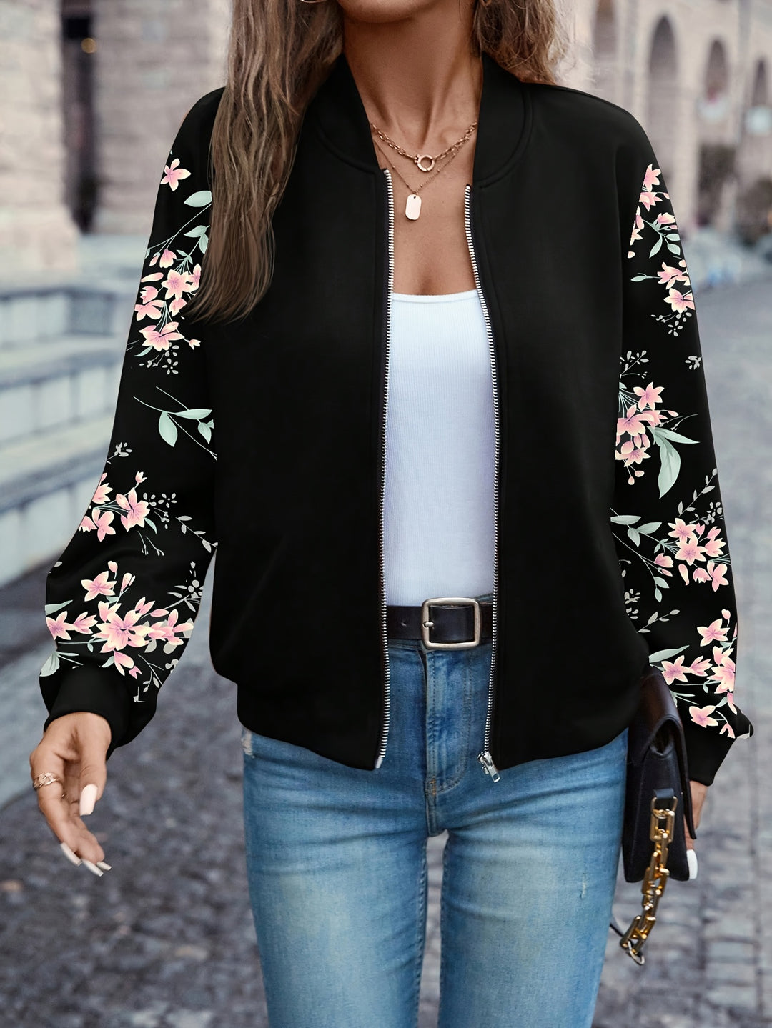 Bloemenprint Zip Up Jas - Lange Mouw Ontwerp & Ritssluiting