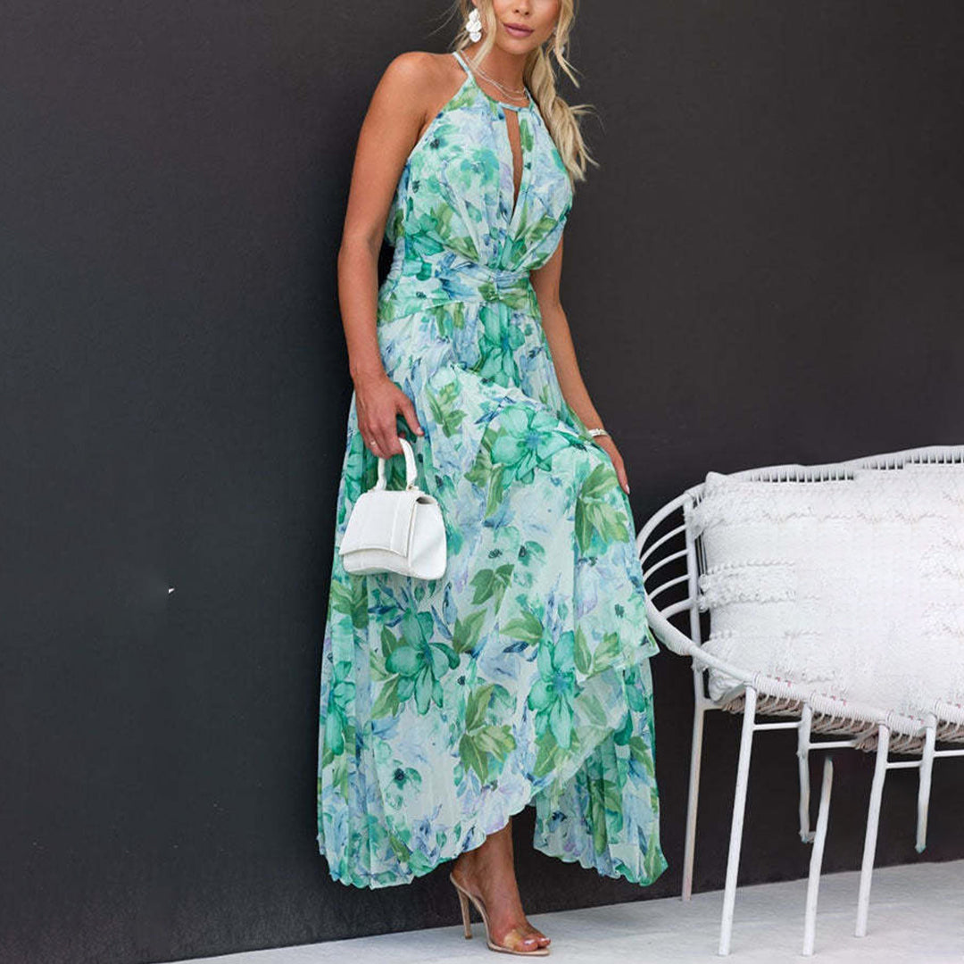 Bloemige Maxi-jurk - Halternek & Wikkel Detail met Asymmetrische Zoom