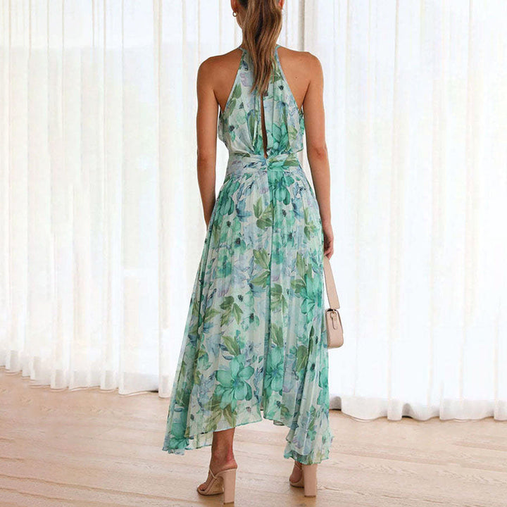 Bloemige Maxi-jurk - Halternek & Wikkel Detail met Asymmetrische Zoom