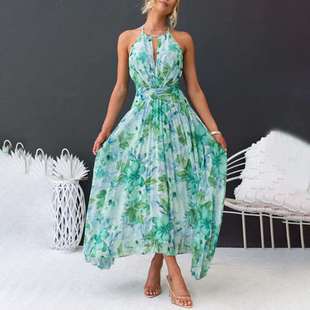 Bloemige Maxi-jurk - Halternek & Wikkel Detail met Asymmetrische Zoom