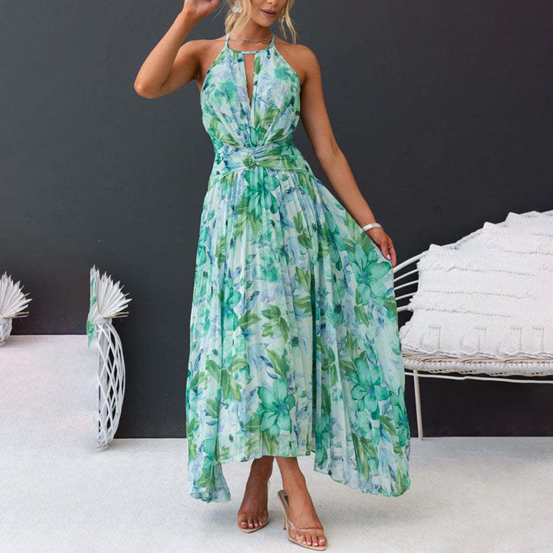 Bloemige Maxi-jurk - Halternek & Wikkel Detail met Asymmetrische Zoom