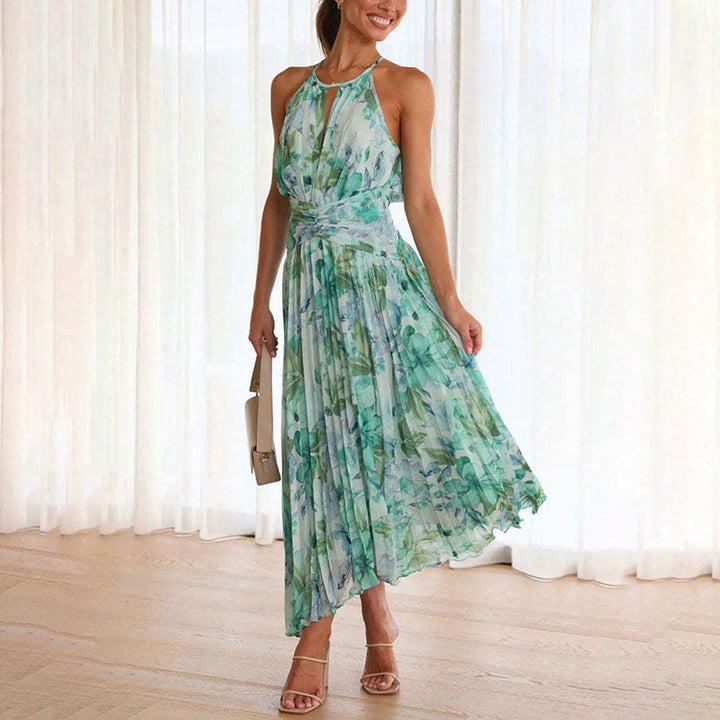 Bloemige Maxi-jurk - Halternek & Wikkel Detail met Asymmetrische Zoom