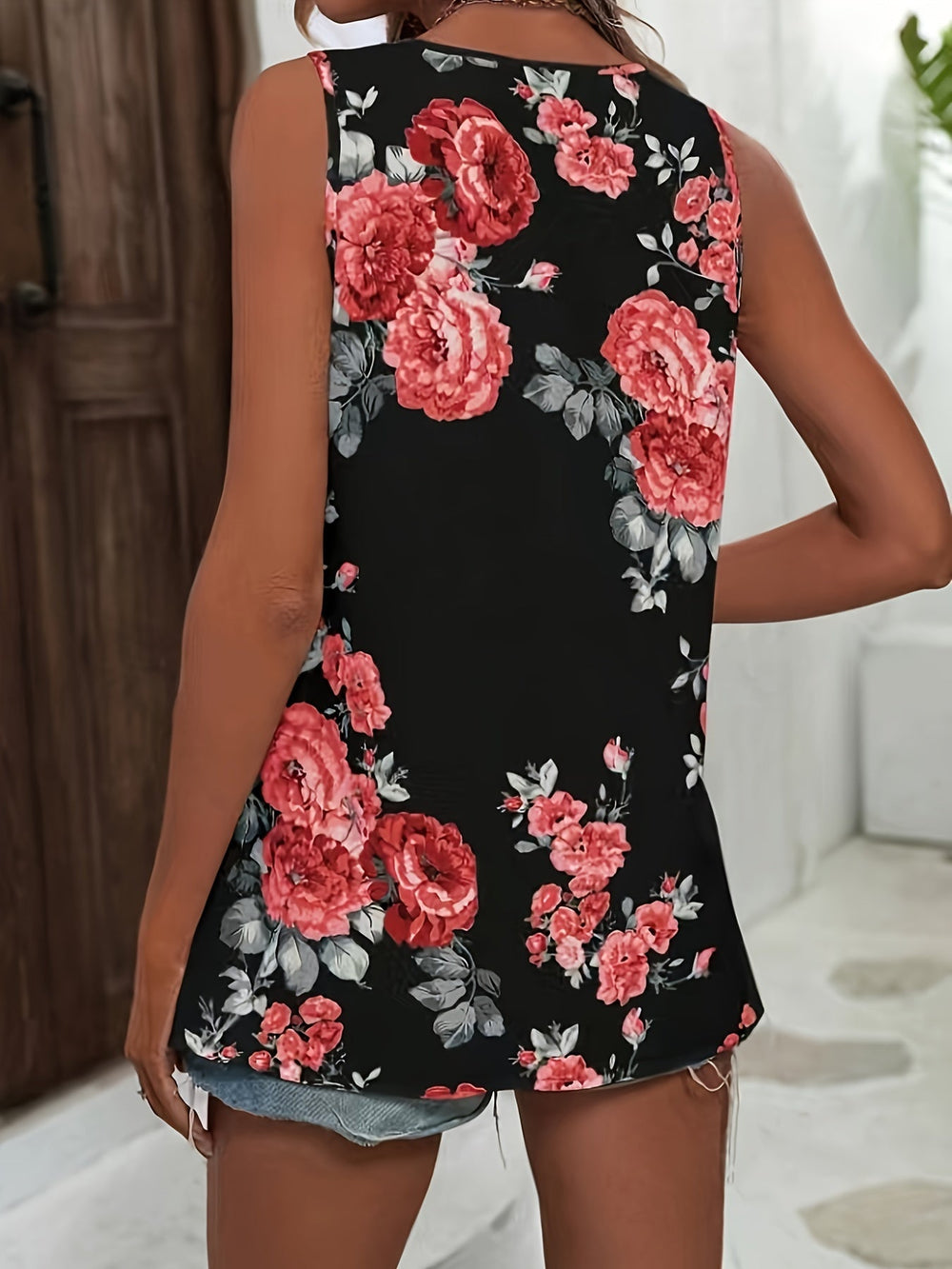 Bloemige V-Hals Blouse - Mouwloos Ontwerp & Lichtgewicht Stof