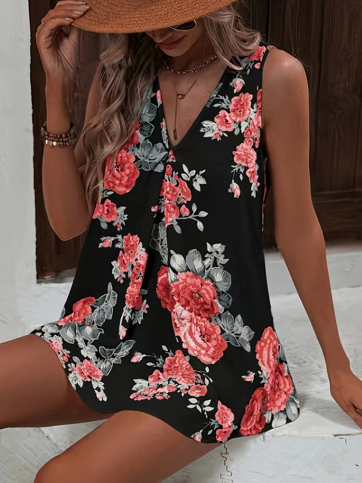 Bloemige V-Hals Blouse - Mouwloos Ontwerp & Lichtgewicht Stof