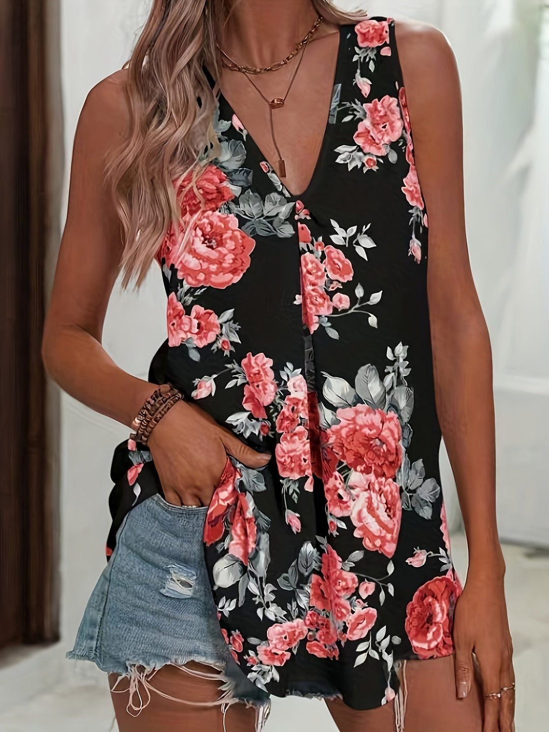 Bloemige V-Hals Blouse - Mouwloos Ontwerp & Lichtgewicht Stof