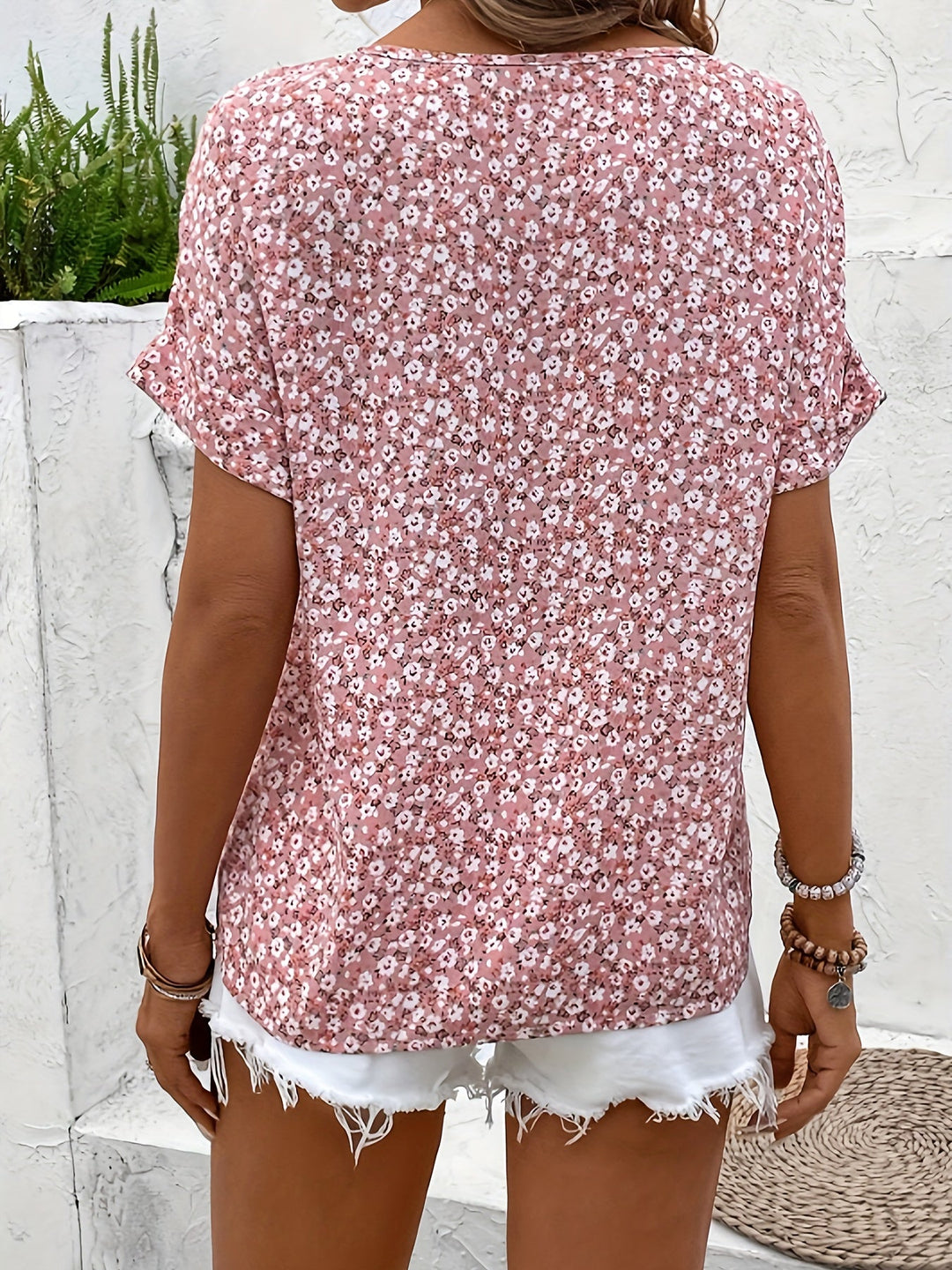 Bloemige V-Hals Korte Mouw Shirt - Knopsluiting & Ademend Stof