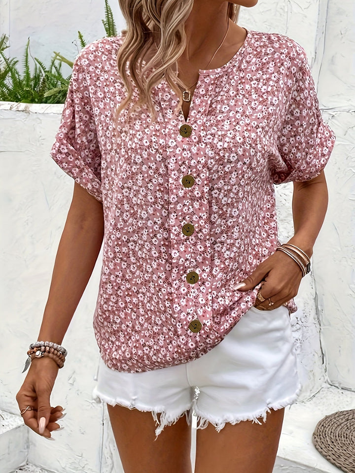 Bloemige V-Hals Korte Mouw Shirt - Knopsluiting & Ademend Stof