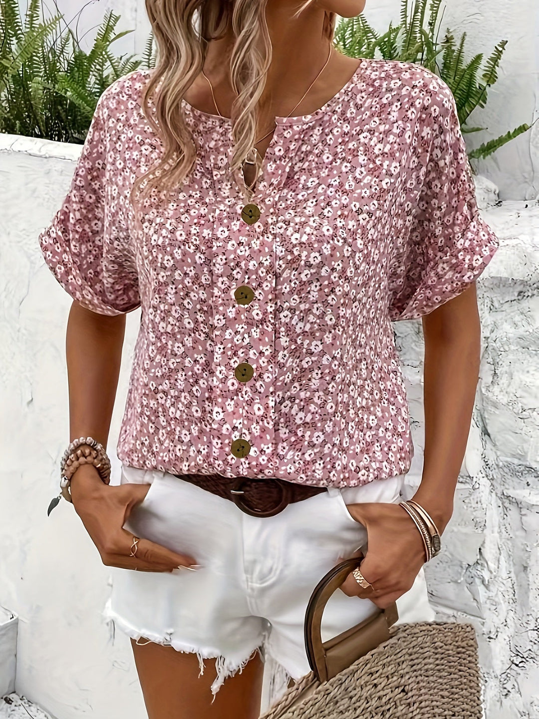 Bloemige V-Hals Korte Mouw Shirt - Knopsluiting & Ademend Stof