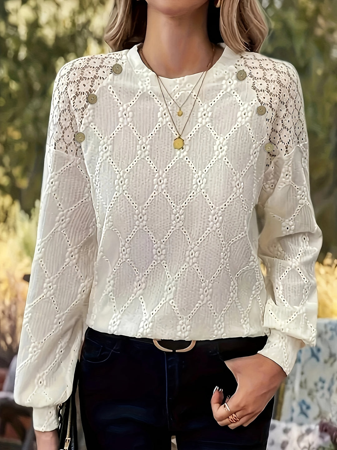 Blouse – Contrast Kanten Detail & Lantern Mouwen