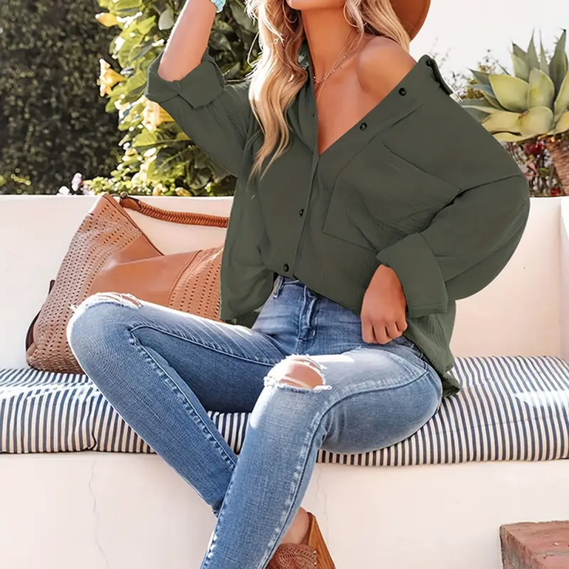 Blouse – Gestructureerde V Hals & Makkelijk Te Lagen
