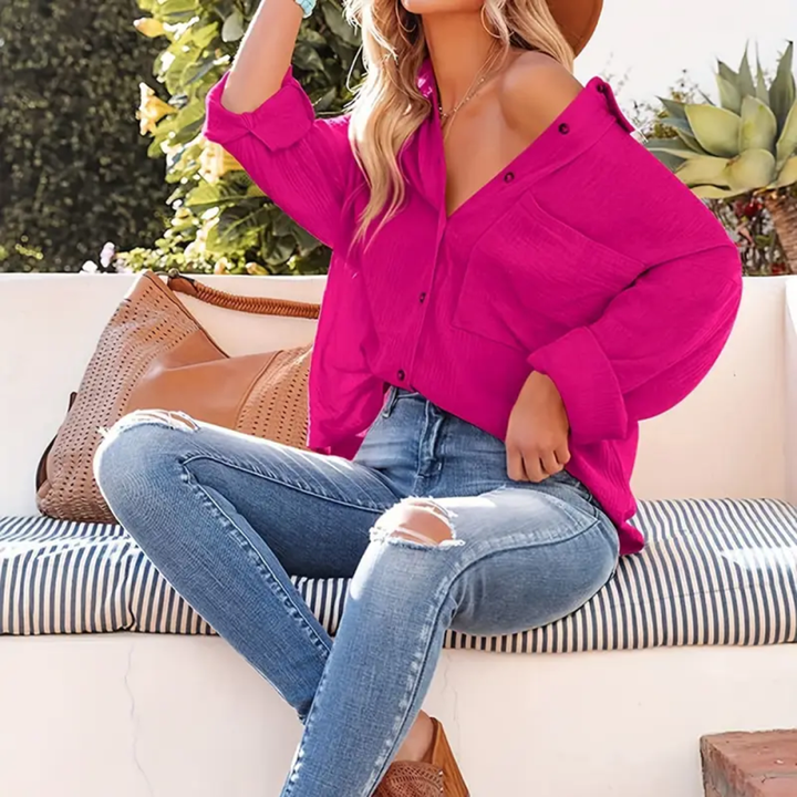 Blouse – Gestructureerde V Hals & Makkelijk Te Lagen