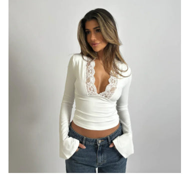Blouse - Kanten V-hals En Getailleerde Taille