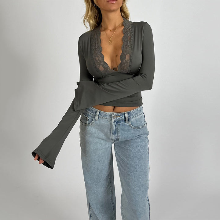 Blouse - Kanten V-hals En Getailleerde Taille